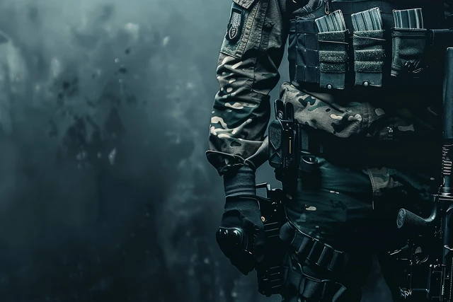 A tactical operator in camouflage fatigues and body armour carrying a rifle, seen from the side.