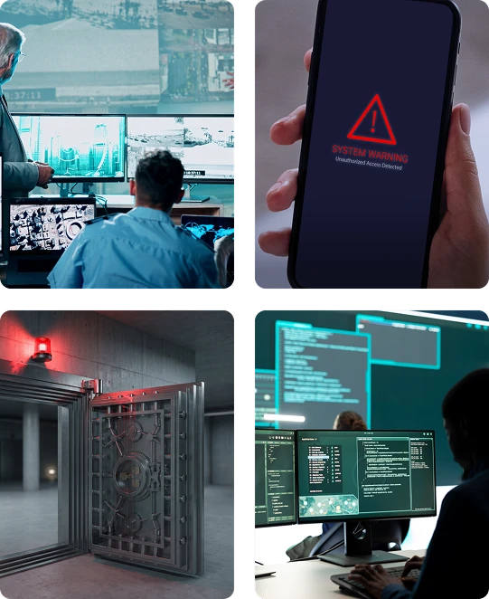 Four panels: a security operations centre, a phone showing an unauthorized-access alert, a bank vault, and code analysts.