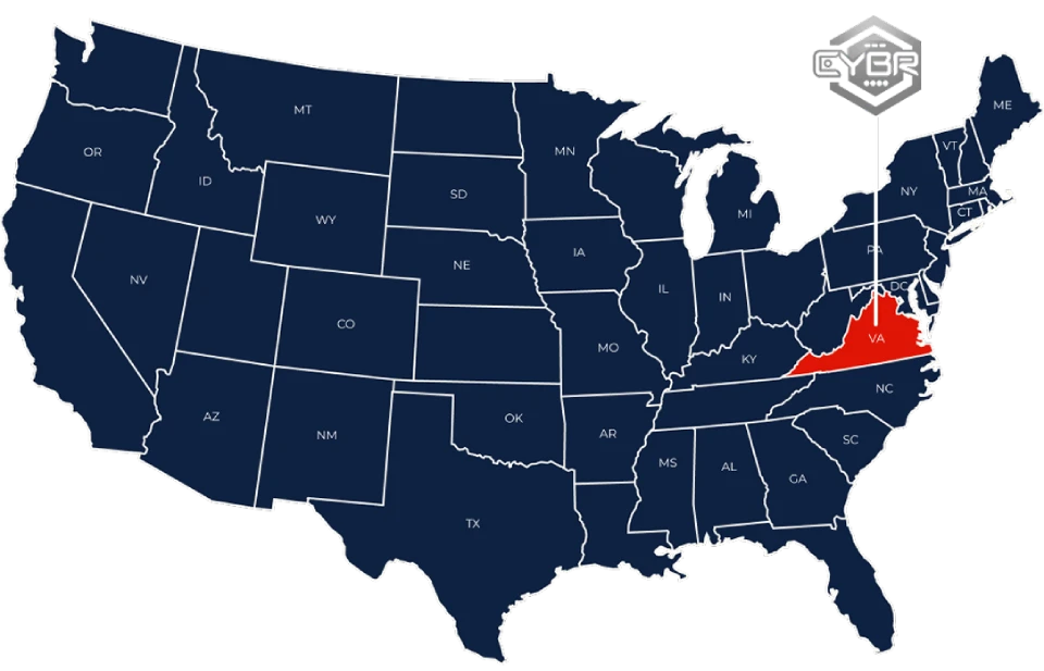 Map of the United States with Virginia highlighted in red, marking CYBR's headquarters location.