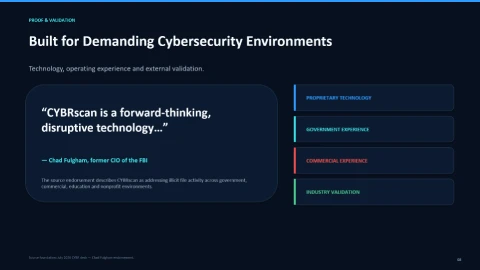 Validation slide quoting a former FBI CIO calling CYBRscan a forward-thinking, disruptive technology.