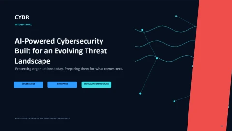 CYBR pitch deck title slide: AI-powered cybersecurity for government, enterprise and critical infrastructure.