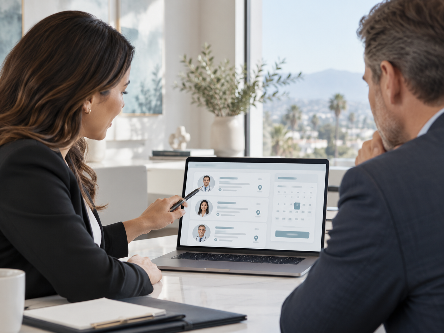 Professional reviewing physician profiles and scheduling options with an Allied coordinator.