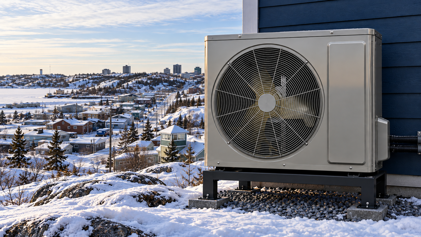 Illustrative concept of an unbranded single-fan heat pump beside a Yellowknife-inspired Old Town winter view; not a real JSL installation.
