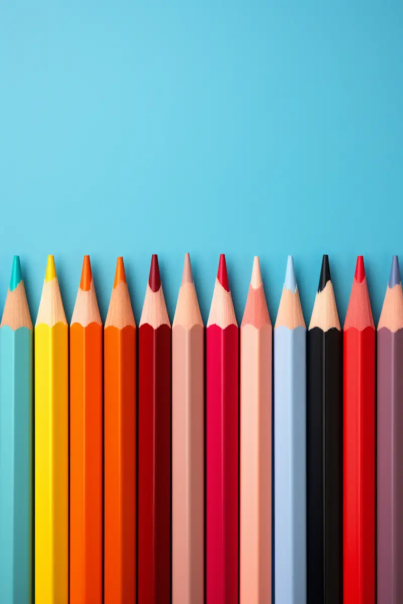 Spectrum of sharpened colored pencils arranged in a gradient.