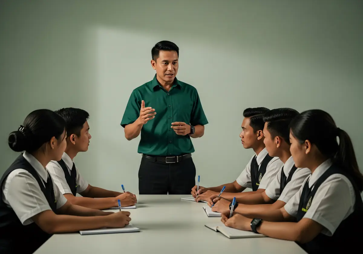 Classroom interaction showing people engaged in a learning environment.