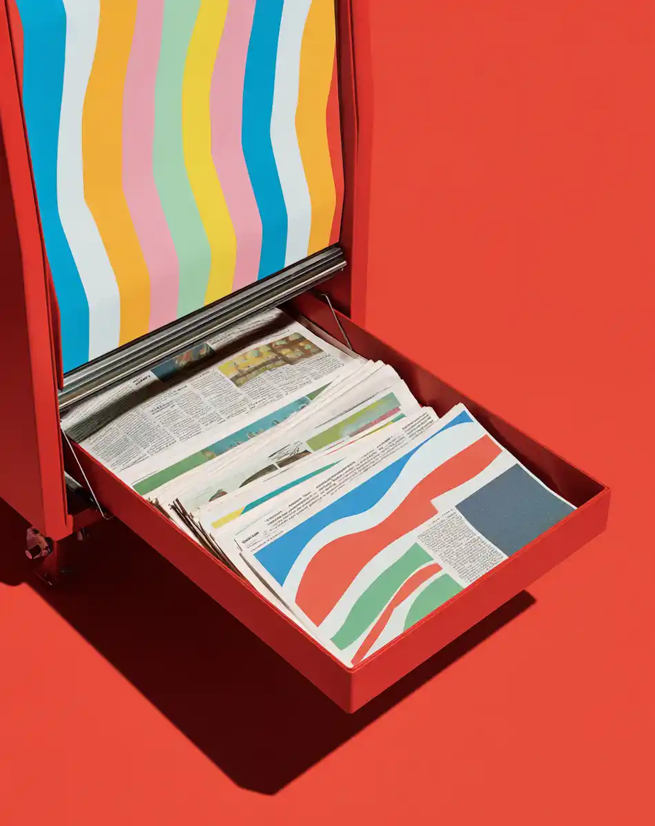 Colorful newspaper box in a bold contemporary setting.