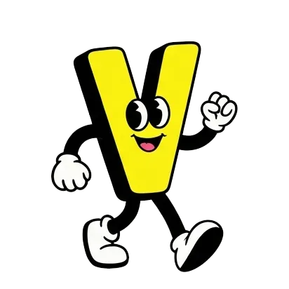 Yellow capital letter V with cartoon eyes, mouth, and limbs walking enthusiastically.