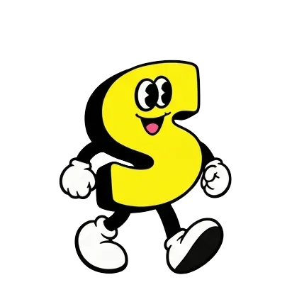Cartoon character shaped like a yellow letter S with black outline, walking and smiling, wearing white gloves and shoes.
