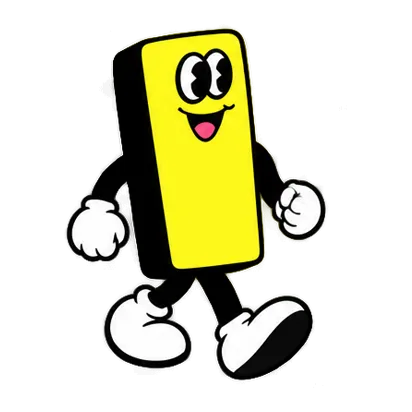 Cartoon character with a yellow rectangular body, large eyes, smiling mouth, white-gloved hands, black arms and legs, and white shoes walking.