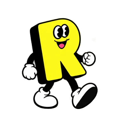 Cartoon character of a yellow letter R with eyes, a smiling mouth, white gloves, and white shoes, walking.