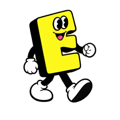 Animated character shaped like a bright yellow letter E with eyes, a smiling mouth, white gloves, shoes, and black legs walking.