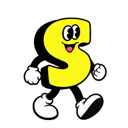 Cartoon yellow letter S with eyes, mouth, and white gloves and shoes, walking cheerfully.