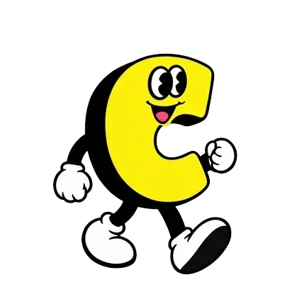 Yellow cartoon letter C with eyes, mouth, white gloves, and shoes walking cheerfully.