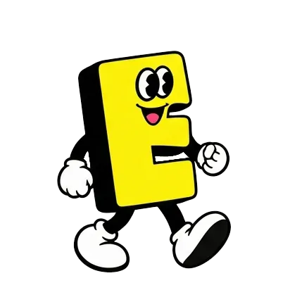 Cartoon character of a yellow letter E with eyes, smiling mouth, white gloves, and white shoes walking.