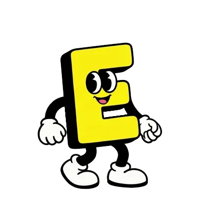 Cartoon character shaped like a yellow letter E with eyes, mouth smiling, white gloves, and white shoes.