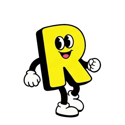 A yellow cartoon letter R with big eyes, a smiling mouth, white gloves, black arms and legs, and white shoes, posed as if walking.