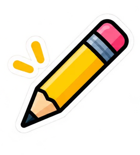 Cartoon-style yellow pencil with a pink eraser and two yellow lines indicating motion or emphasis.