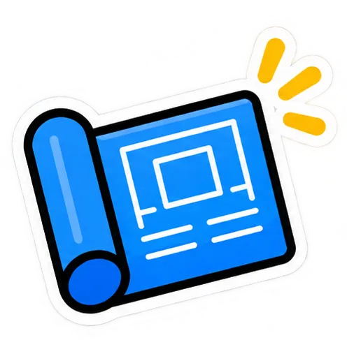 Blue rolled blueprint with white floor plan lines and text, with three yellow accent marks above it.