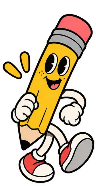 Cartoon yellow pencil character with pink eraser, big eyes, smiling face, white-gloved hands, red sneakers, and an energetic walking pose.