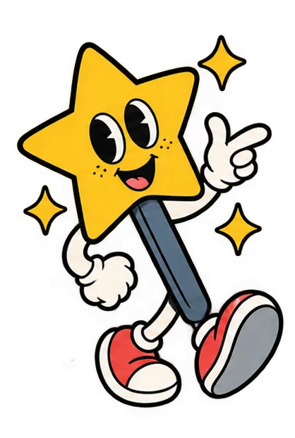 Cartoon character with a bright yellow star-shaped head, large smiling eyes, black eyebrows, and a wide open mouth, with arms and legs. The character wears white gloves and red sneakers, standing with one foot forward, pointing with one hand, with three small sparkling stars around it.