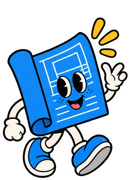Cartoon blue blueprint character with eyes, mouth, and arms, walking and making a peace sign with its right hand.
