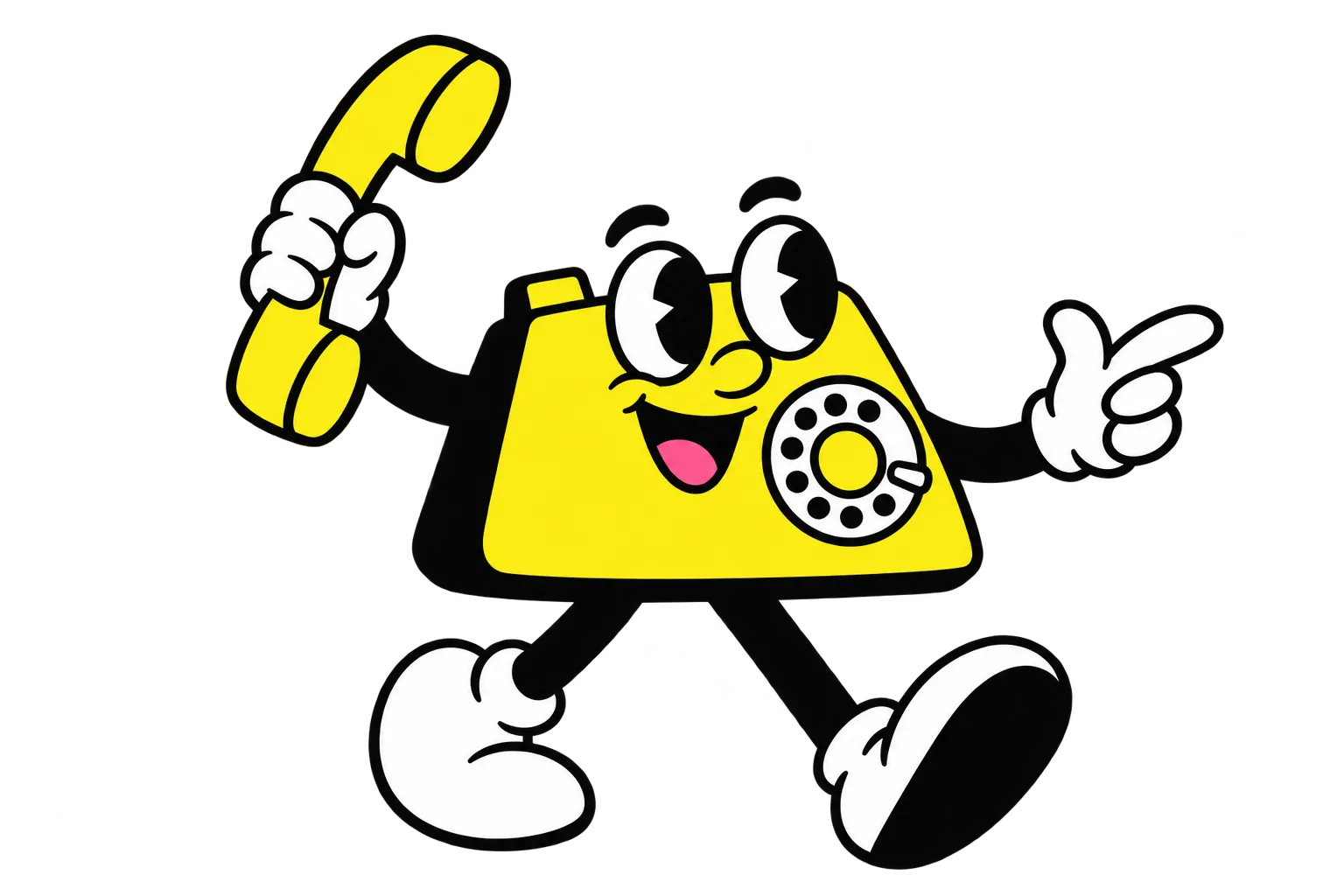 Cartoon yellow rotary phone with eyes, smiling mouth, white gloves, and shoes, holding the handset in one hand and pointing with the other.