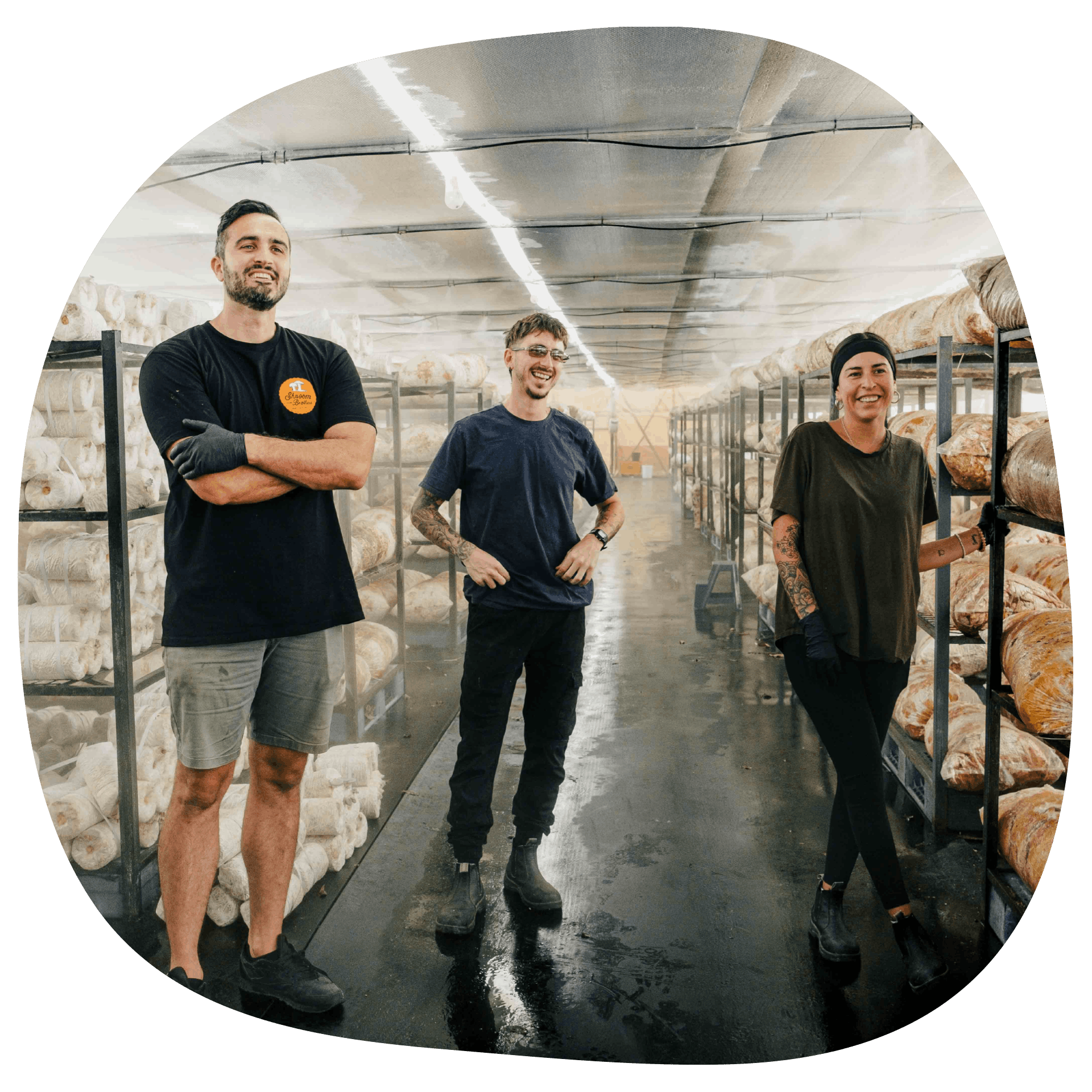 two men and a woman stand in their work clothes in the Shroom Brothers mushroom growing space,