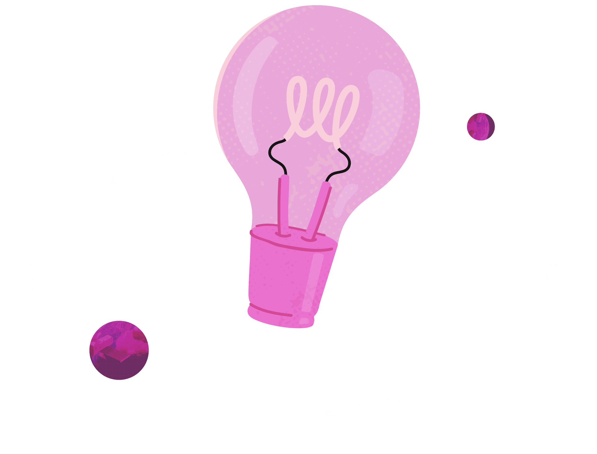 an illustrated pink lightbulb with orbiting planets around it.
