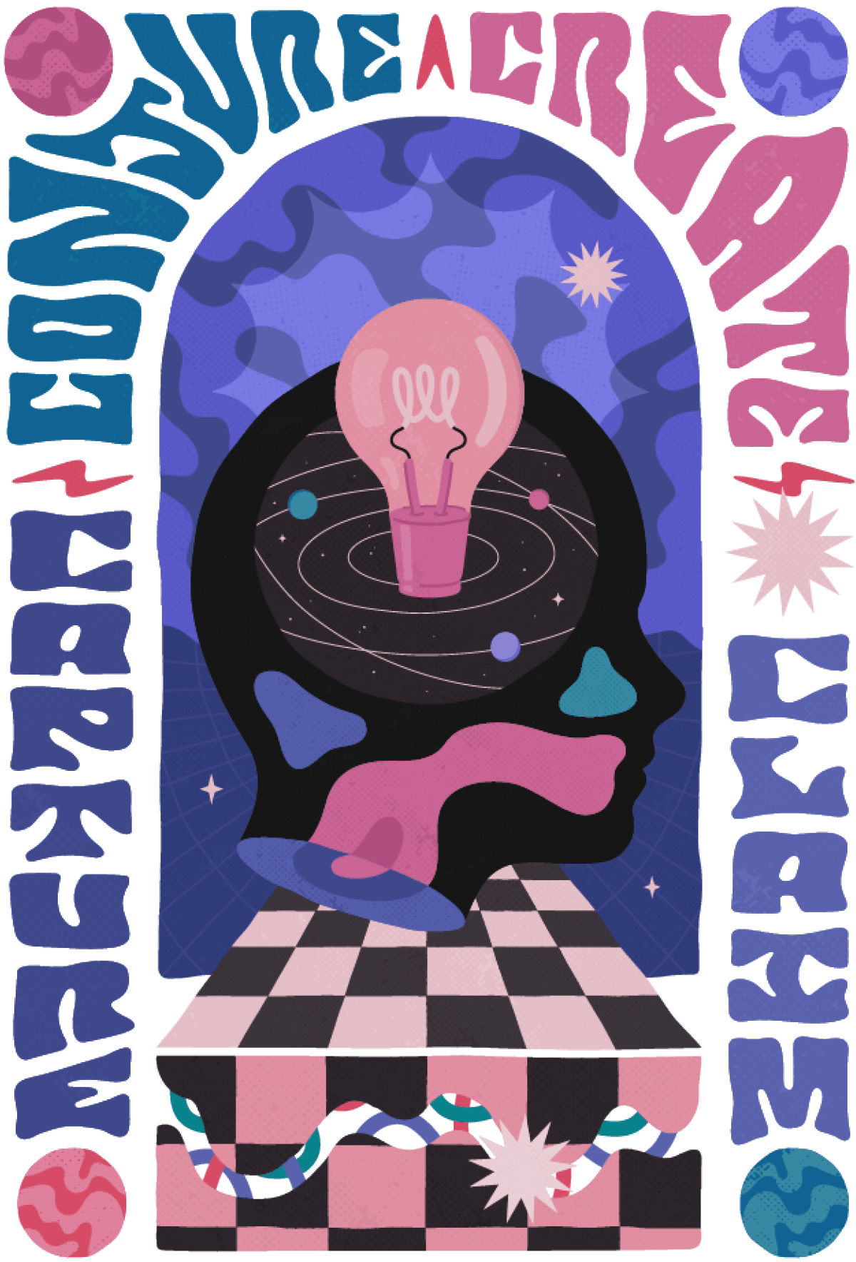 Illustration of a hollow head with a bright pink lightbulb in the centre, hanging over a checkered landscape with floating planets at the corners.
