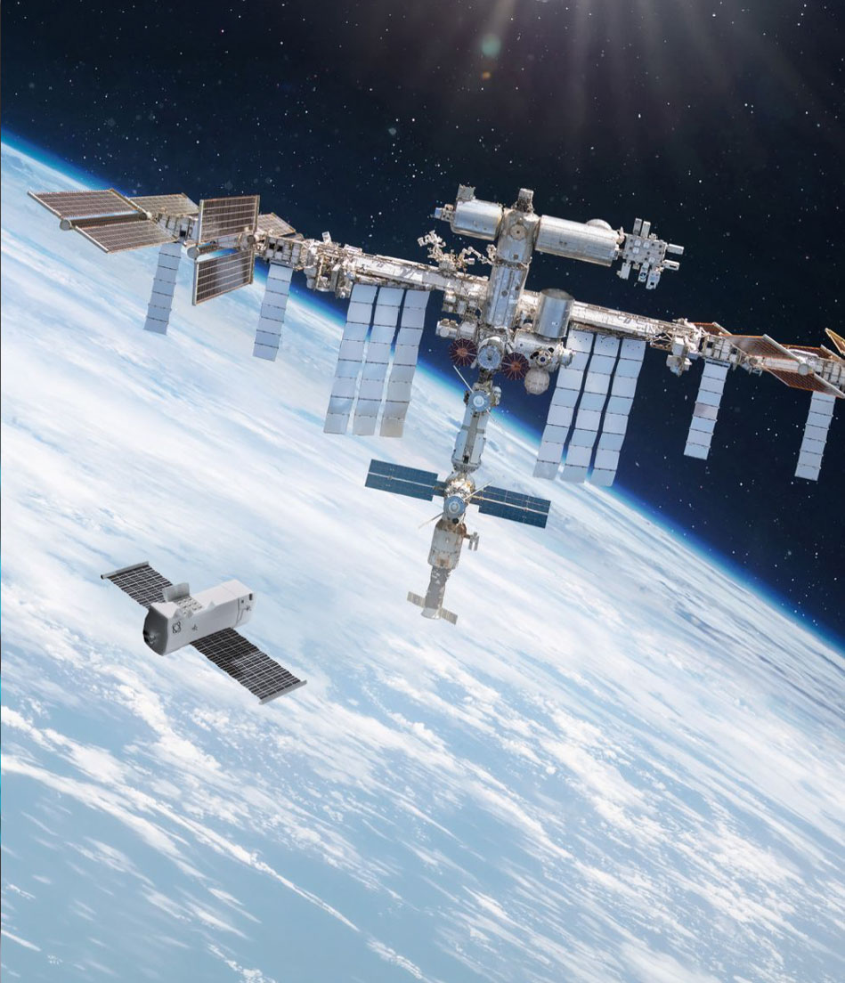 Two metalic satellites orbit earth.