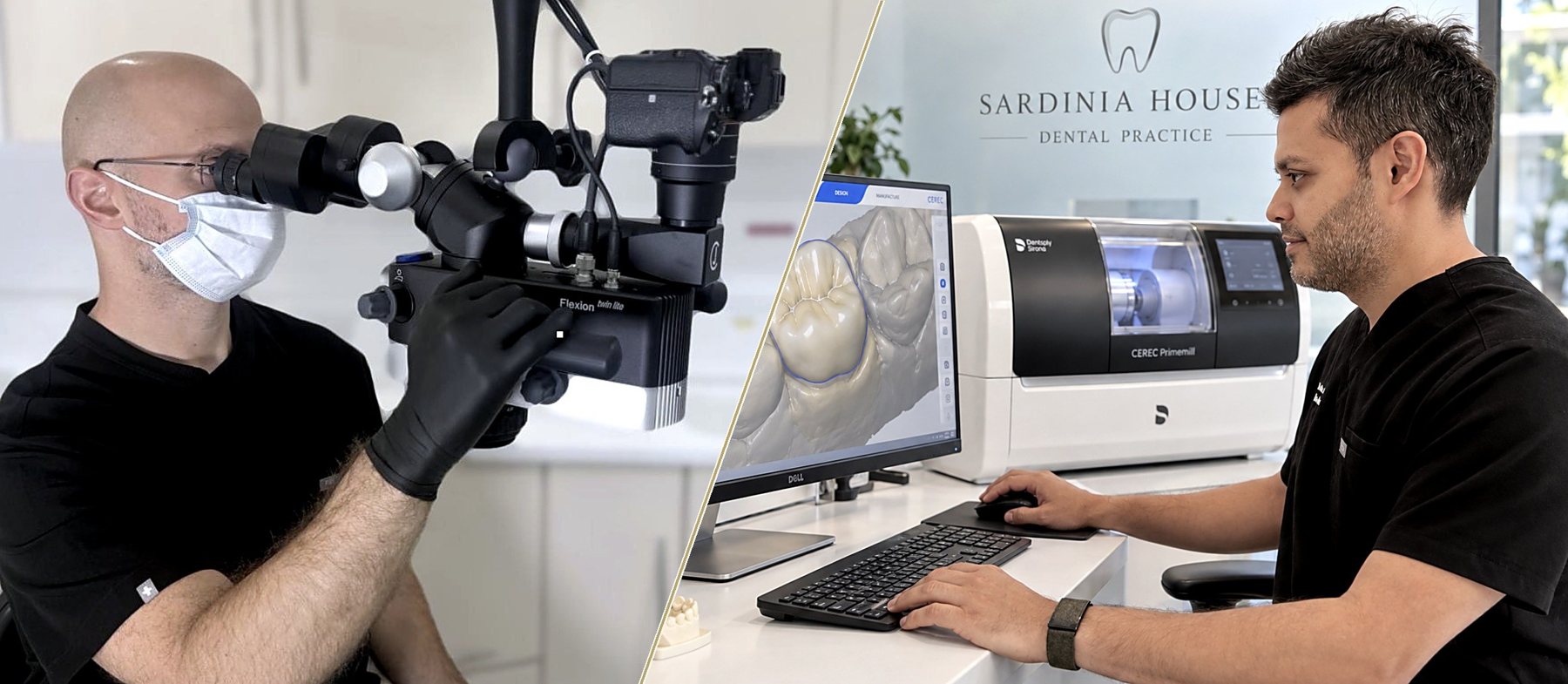 Dr Spencer Richman at the microscope and Dr Amit Patel at the CEREC Primemill