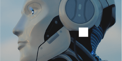 Close-up side view of a futuristic humanoid robot with a white, smooth face and mechanical components visible around the neck and ear area against a muted background.