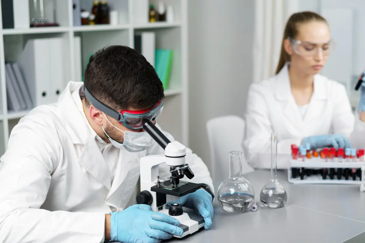 Laboratory technician examining a sample under a microscope