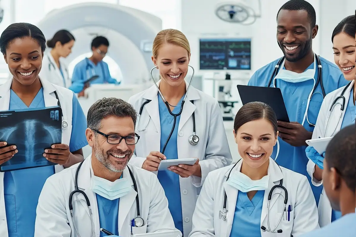Healthcare professionals working together in a modern hospital