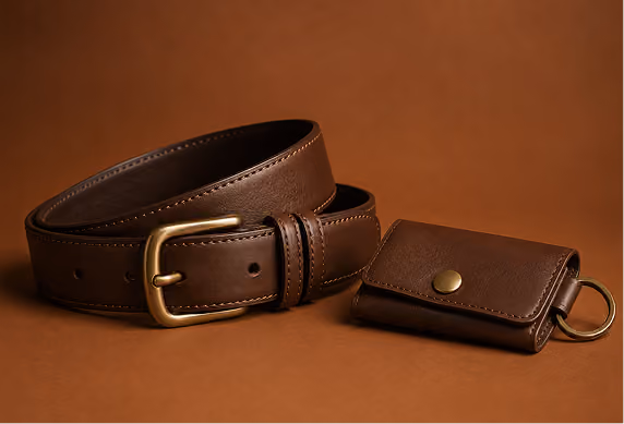 Brown leather belt and small wallet on an orange background