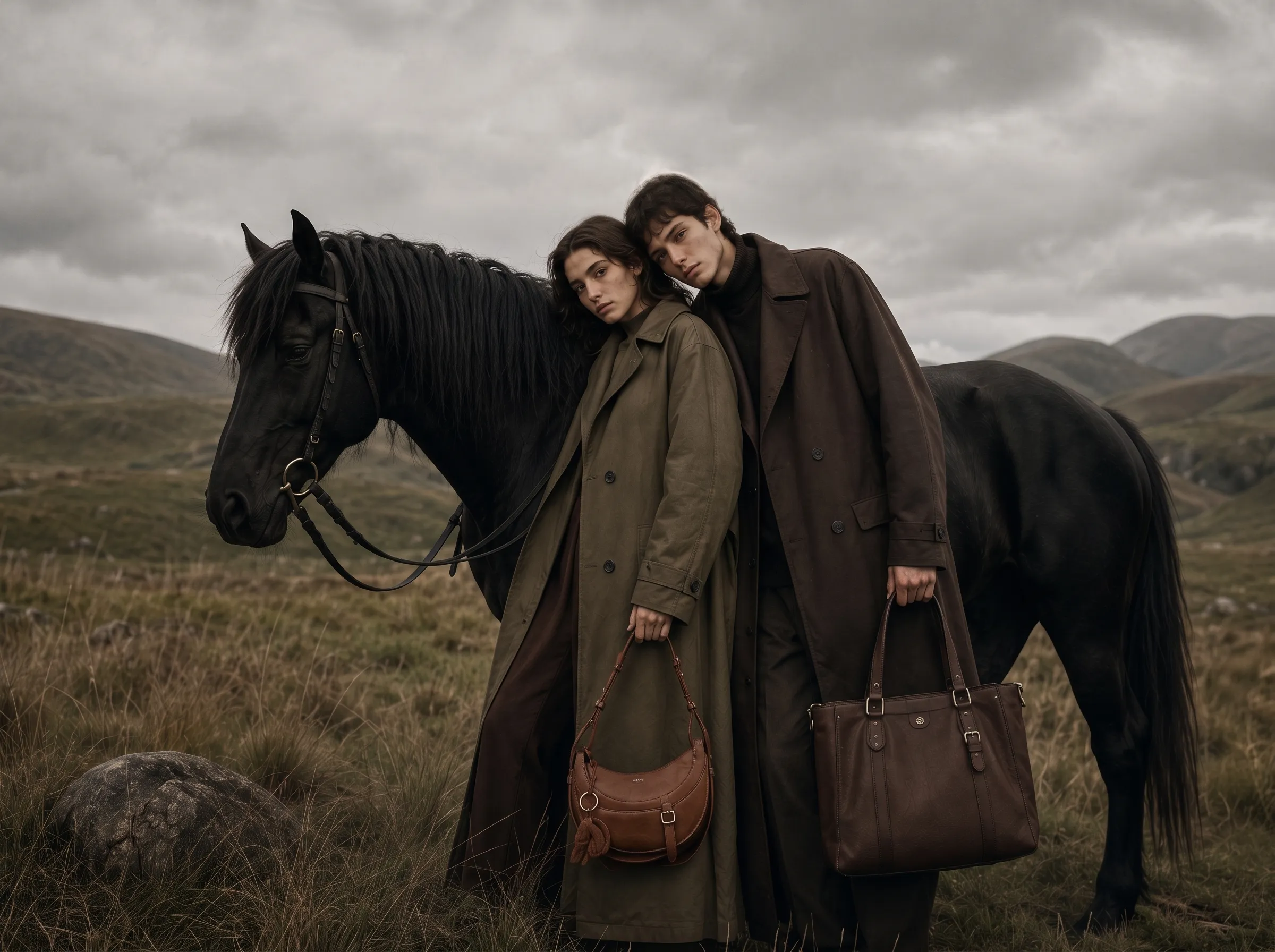 Two people in long coats standing beside a black horse on a grassy hillside, one carrying a leather handbag