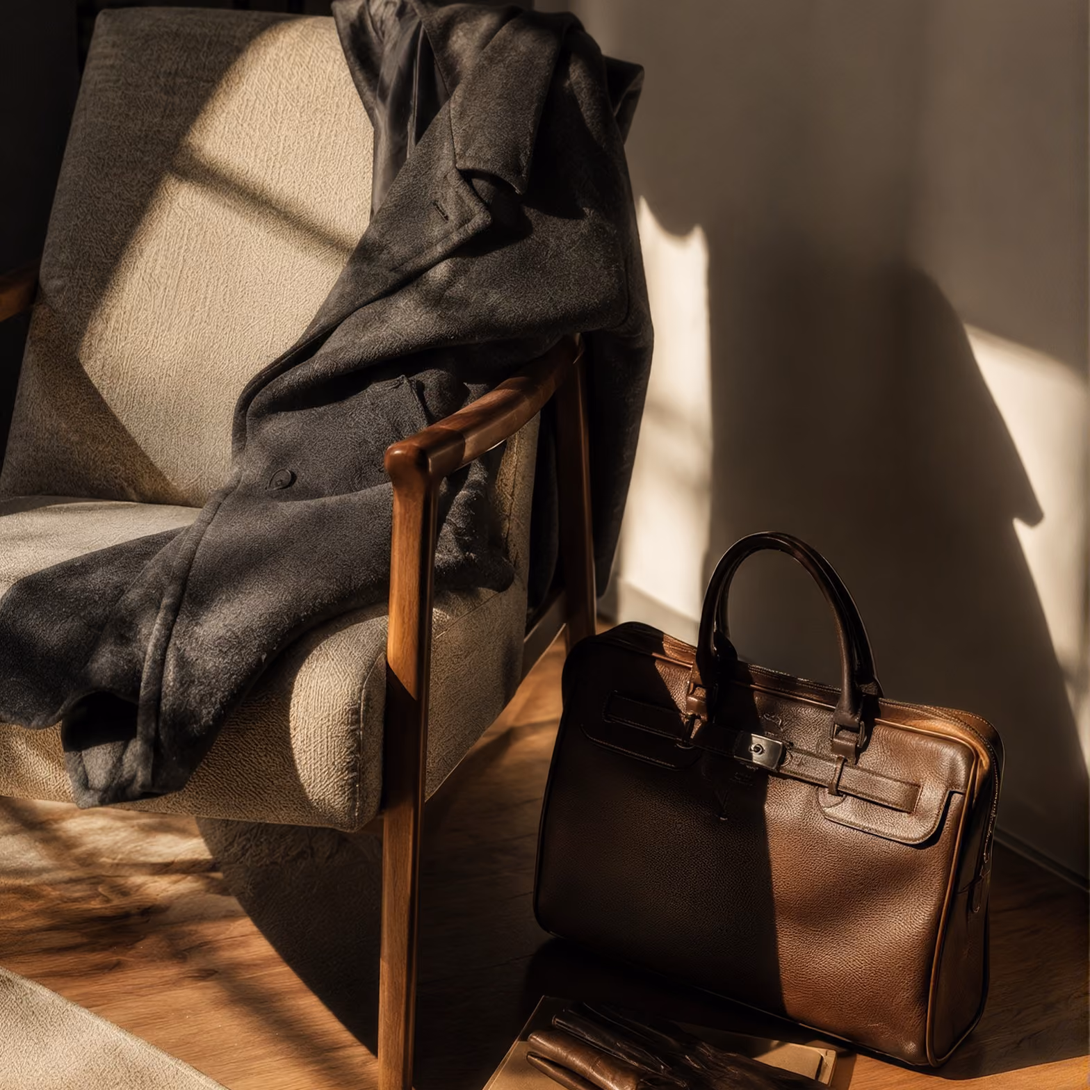 Woman with a leather bag standing among running horses
