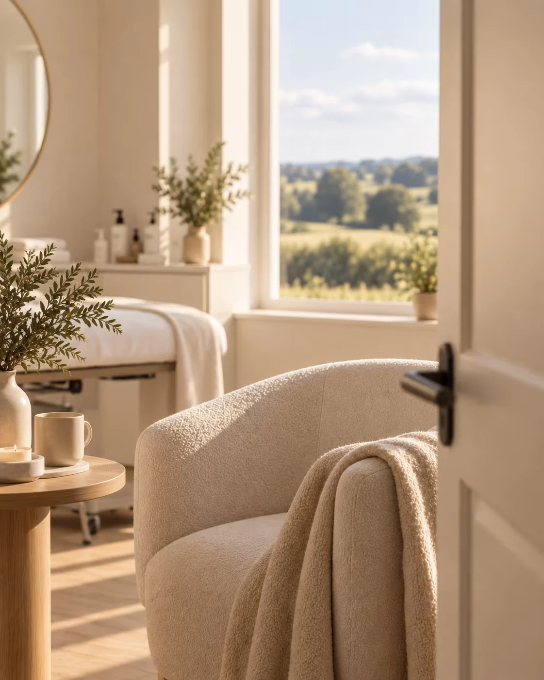 A quiet treatment room with a window onto open countryside