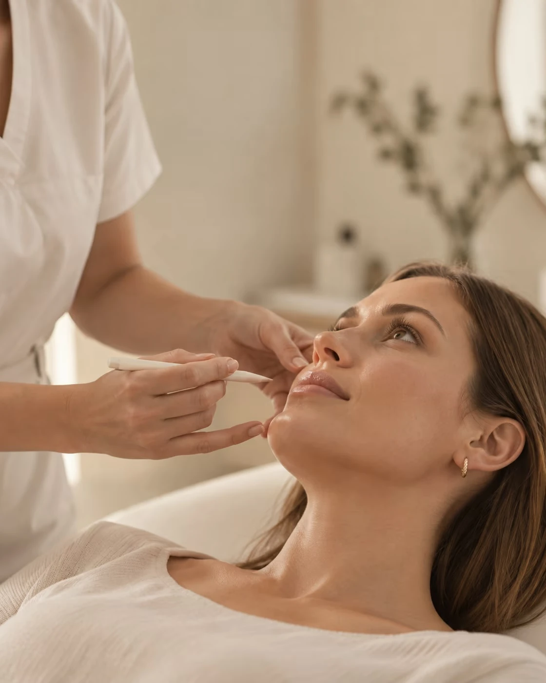 A practitioner gently marking a client's face before treatment