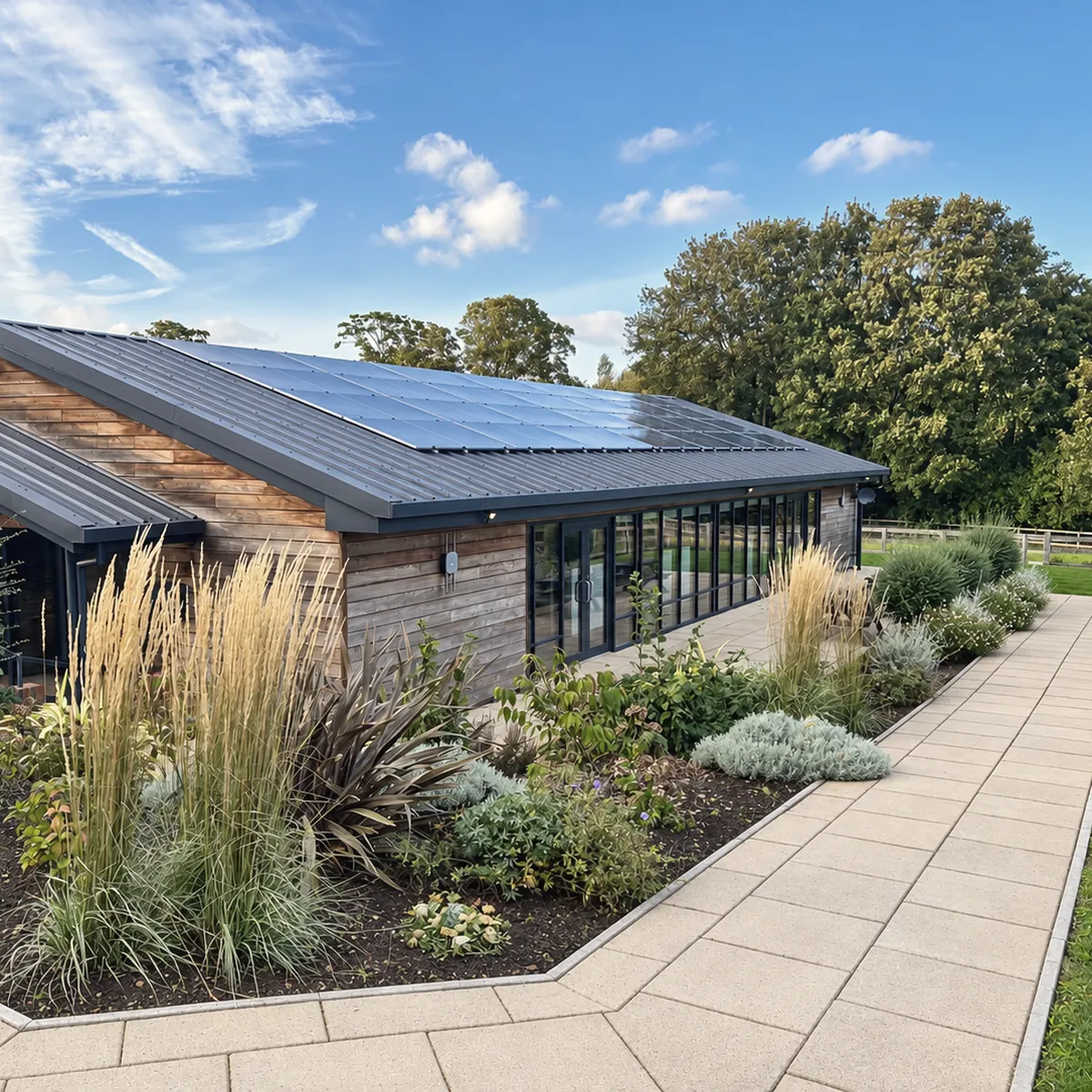 Novelle's clinic building at Wetherby Grange, timber clad and set in planted grounds