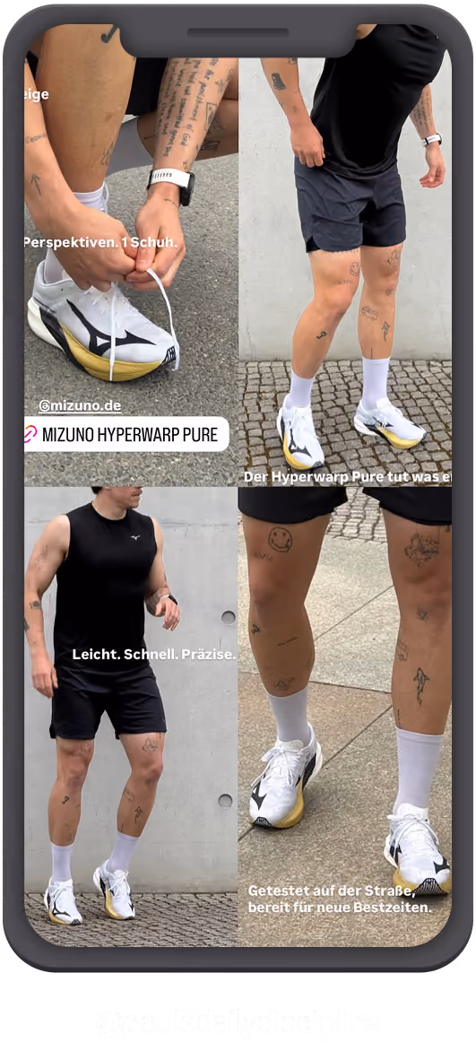 Ein Mann mit tätowierten Beinen trägt weiße Mizuno Hyperwarp Pure Laufschuhe mit gelber Sohle, weiße Socken, schwarze Shorts und ärmelloses schwarzes Shirt, zeigt verschiedene Perspektiven des Schuhs beim Binden, Gehen und Stehen auf Straßenpflaster.