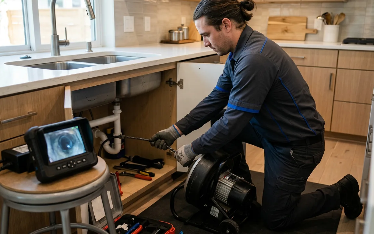 Technician clearing a kitchen drain with a cable machine and camera inspection monitor