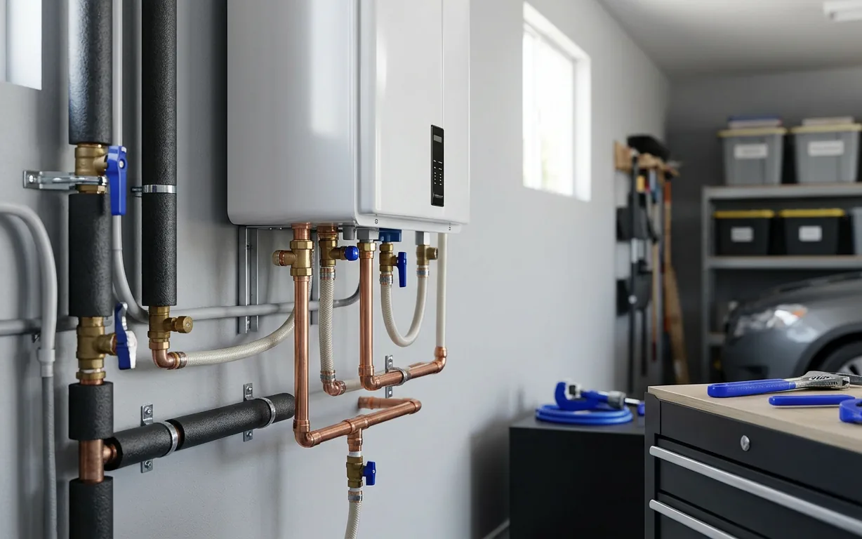 Tankless water heater freshly installed in an Austin, TX garage