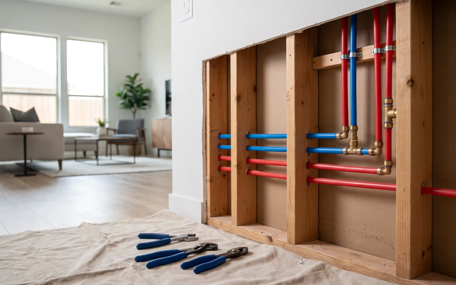New PEX water lines run through an open wall during a whole-home repipe