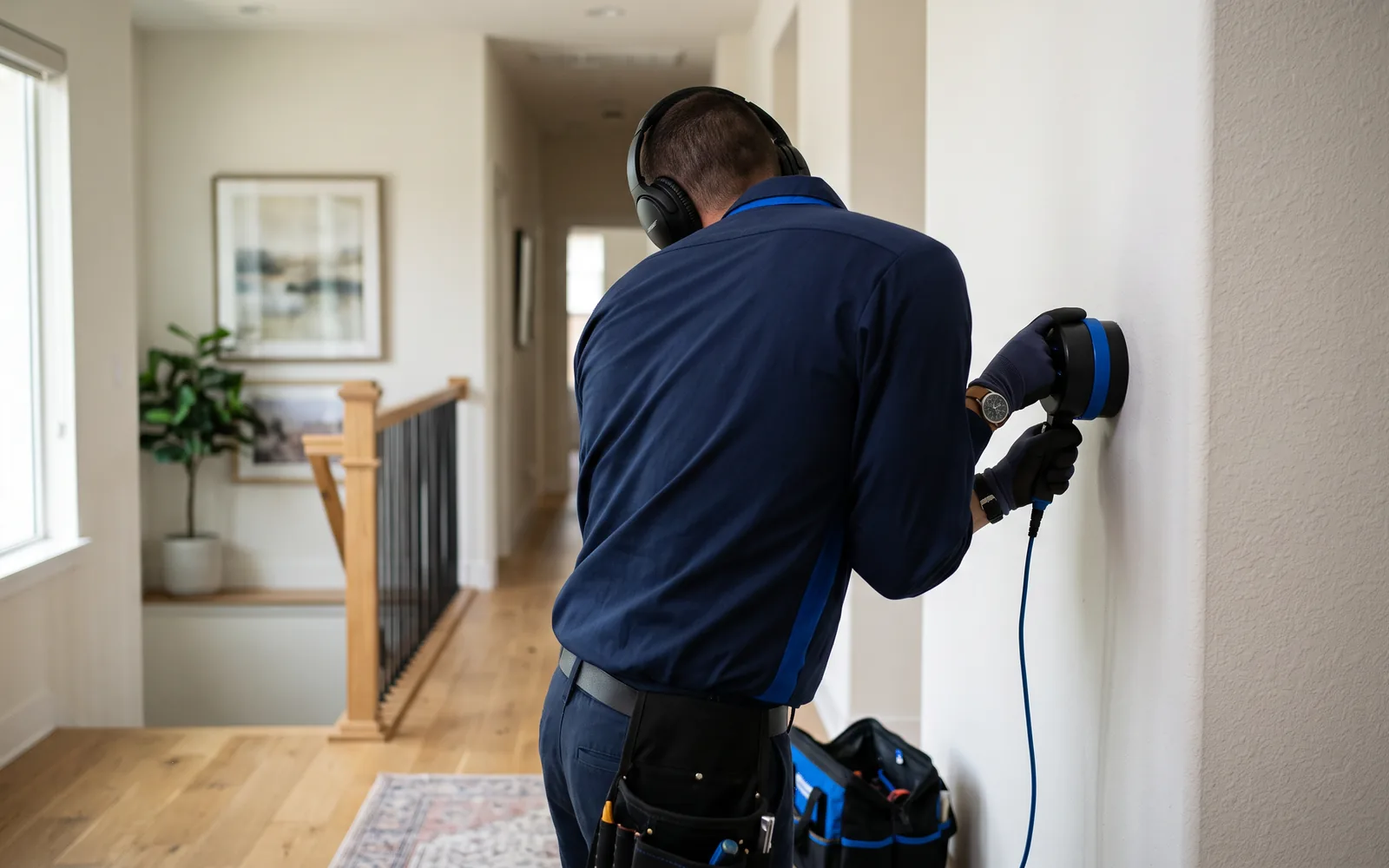Technician using acoustic leak detection equipment to locate a hidden leak