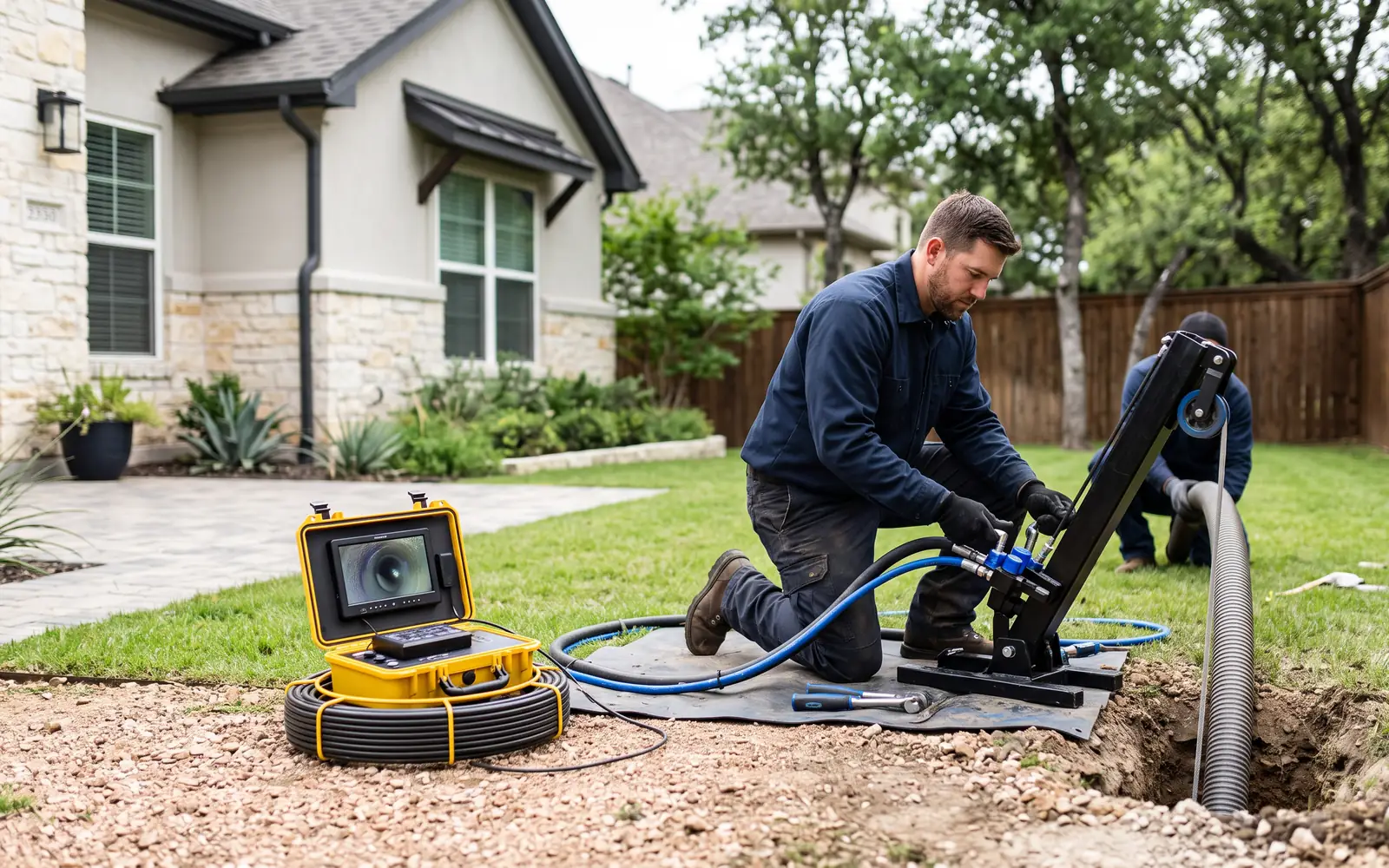 Trenchless sewer line repair setup in a Texas backyard