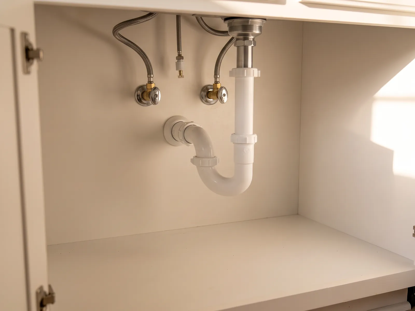 New clean drain trap and spotless cabinet after service