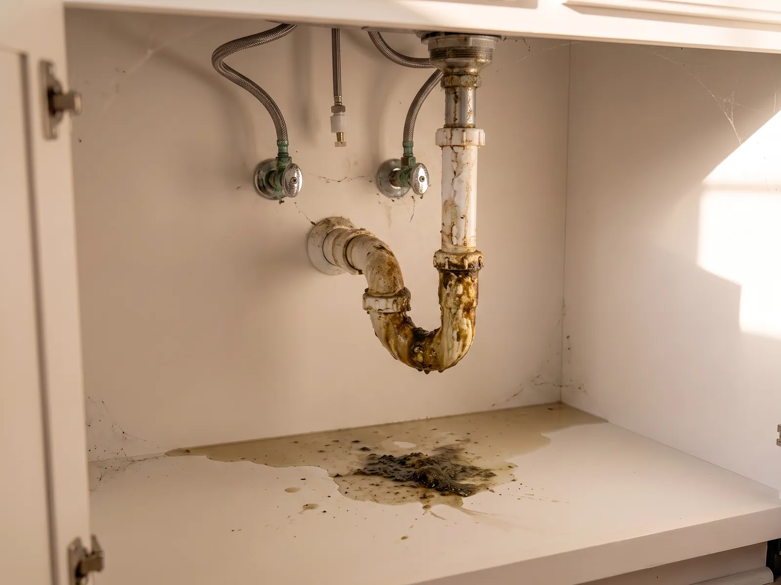 Leaking corroded drain trap under a kitchen sink in Round Rock, TX