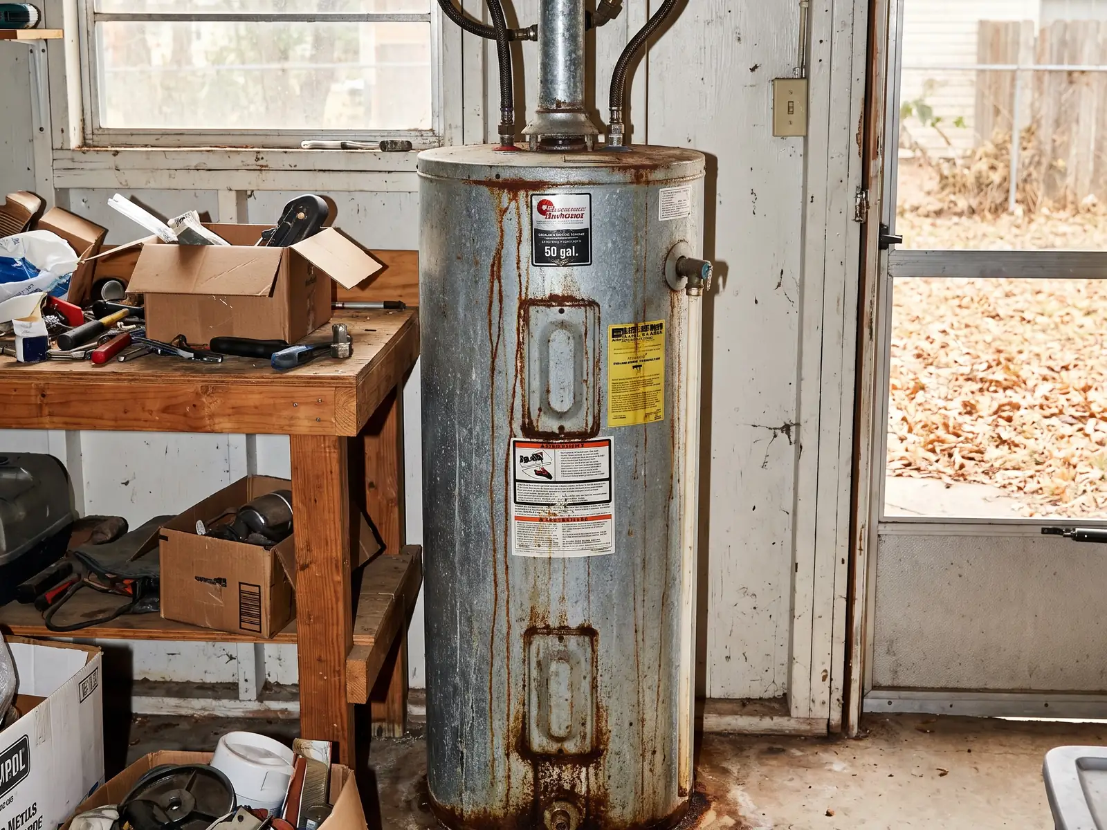 Aging 50-gallon tank water heater in an Austin, TX garage before replacement