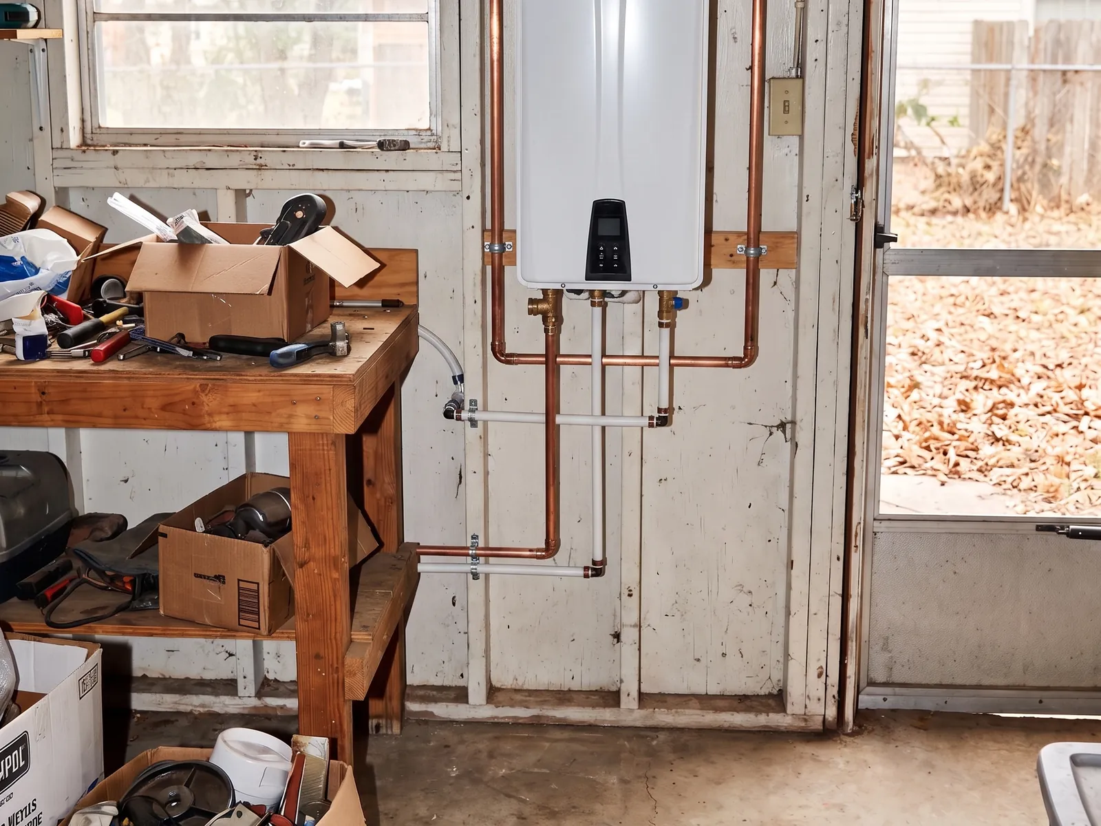 New wall-mounted tankless water heater with clean copper lines after the swap